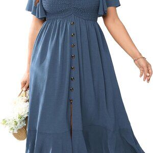 Plus Size Maxi Dress Boho Short Sleeve Smocked Formal Casual